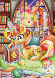 Size: 2406x3402 | Tagged: safe, artist:lunar-white-wolf, sunset shimmer, pony, unicorn, book, bookshelf, canterlot, cloud, female, glowing horn, ink, lamp, magic, mare, pillow, prone, quill, reading, sky, smiling, solo, sun, traditional art, window