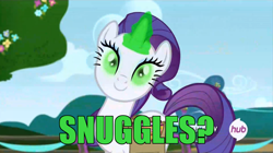 Size: 1280x719 | Tagged: safe, screencap, rarity, pony, unicorn, inspiration manifestation, corrupted, face, green magic, hub logo, image macro, imma snuggle you, inspirarity, magic, meme, nightmare fuel, possessed, snuggling, solo