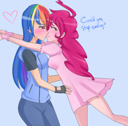 Size: 817x805 | Tagged: safe, artist:jonfawkes, derpibooru import, pinkie pie, rainbow dash, human, annoyed, female, humanized, kissing, lesbian, pinkiedash, shipping