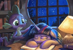 Size: 931x637 | Tagged: safe, artist:kenket, artist:spainfischer, derpibooru import, spike, twilight sparkle, dragon, pony, unicorn, blanket, book, eyes closed, female, lamp, male, mare, night, painting, sleeping, smiling, traditional art, window