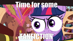 Size: 1203x682 | Tagged: safe, derpibooru import, twilight sparkle, fanfic, funny, image macro, special eyes, twilight loves fanfiction