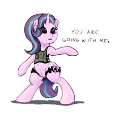 Size: 1200x1072 | Tagged: safe, artist:xbi, starlight glimmer, pony, unicorn, belly button, bipedal, bulletproof vest, clothes, dialogue, ear fluff, female, mare, pubic fluff, simple background, solo, standing, white background