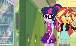 Size: 1254x756 | Tagged: safe, artist:eduardonunes109, sci-twi, sunset shimmer, twilight sparkle, equestria girls, bowtie, clothes, glasses, jacket, leather jacket, lockers, ponytail, skirt, vending machine