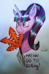 Size: 2988x4477 | Tagged: safe, artist:cahandariella, starlight glimmer, pony, unicorn, bust, evil starlight, grin, gulag, nirnroot, portrait, smiling, solo, stalin glimmer, traditional art