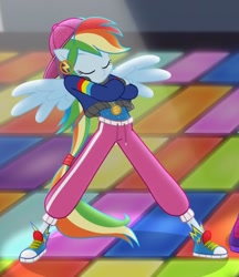 Size: 556x644 | Tagged: safe, derpibooru import, screencap, rainbow dash, dance magic, equestria girls, spoiler:eqg specials, converse, cropped, dance floor, eyes closed, ponied up, rapper dash, shoes, sneakers