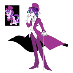 Size: 1910x1899 | Tagged: safe, artist:gyunyu, snowfall frost, starlight glimmer, human, cane, clothes, glasses, hat, humanized, smiling, smirk, solo, top hat