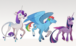 Size: 1280x769 | Tagged: safe, artist:sutexii, derpibooru import, rainbow dash, rarity, twilight sparkle, twilight sparkle (alicorn), alicorn, classical unicorn, pegasus, pony, unicorn, beard, butt fluff, cloven hooves, colored hooves, colored wings, colored wingtips, cutie mark, facial hair, female, gradient background, grin, horn, leonine tail, raised hoof, smiling, socks (coat marking), star (coat marking), trio, unshorn fetlocks, white background, wings