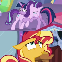Size: 2048x2048 | Tagged: safe, edit, edited screencap, screencap, starlight glimmer, sunset shimmer, twilight sparkle, twilight sparkle (alicorn), alicorn, pony, unicorn, celestial advice, equestria girls, mirror magic, spoiler:eqg specials, crying, cushion, cute, emotional, eyes closed, female, floppy ears, friendship, glare, gritted teeth, horn, hug, levitation, looking up, love, magic blast, mare, mirror, painting, pedestal, photos, pouting, present, ribbon, smiling, snuggling, student, teacher, tears of joy, telekinesis, twilight's castle