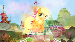 Size: 1920x1080 | Tagged: safe, artist:divideddemensions, applejack, earth pony, pony, solo, sweet apple acres, vector, wallpaper