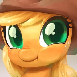 Size: 768x768 | Tagged: safe, artist:frali, applejack, earth pony, pony, bust, close-up, cute, jackabetes, pixiv, portrait, scrunchy face, solo