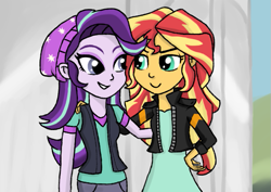 Size: 671x475 | Tagged: safe, artist:boushi33, starlight glimmer, sunset shimmer, equestria girls, mirror magic, spoiler:eqg specials, beanie, clothes, duo, hat, jacket, leather jacket, looking at each other, pants, pedestal