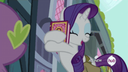 Size: 576x324 | Tagged: safe, screencap, rarity, spike, dragon, pony, unicorn, inspiration manifestation, animated, book, cuddling, hub logo, hubble, hug, inspiration manifestation book, saddle bag, snuggling, the hub