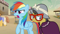 Size: 1280x720 | Tagged: safe, derpibooru import, screencap, a.k. yearling, daring do, rainbow dash, pegasus, pony, daring done?, background pony, clothes, glasses, hat, jacket