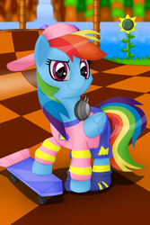 Size: 3495x5243 | Tagged: safe, artist:sergeant16bit, derpibooru import, rainbow dash, pegasus, pony, absurd resolution, backwards hat, clothes, crossover, green hill zone, pointy shoes, shorts, skateboard, solo, sonic the hedgehog (series), sonic the hedgehog ova, sweater