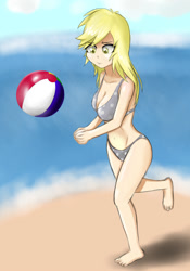 Size: 700x1000 | Tagged: safe, artist:sticky-plaster, derpy hooves, human, barefoot, beach, beach ball, belly button, bikini, cleavage, clothes, feet, female, humanized, solo, swimsuit