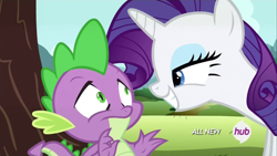 Size: 1920x1080 | Tagged: safe, screencap, rarity, spike, dragon, pony, unicorn, inspiration manifestation, hub logo, out of context