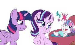 Size: 1000x600 | Tagged: safe, artist:empyu, princess flurry heart, starlight glimmer, twilight sparkle, twilight sparkle (alicorn), alicorn, pony, baby, baby pony, blank flank, cutie mark, cutie mark theft, diaper, female, mare, simple background, twilight is not amused, unamused, white background, xk-class end-of-the-world scenario