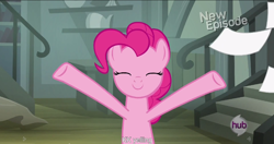 Size: 1152x609 | Tagged: safe, screencap, pinkie pie, earth pony, pony, daring don't, meme, solo, youtube caption