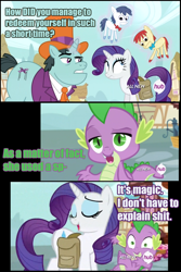 Size: 800x1200 | Tagged: safe, rarity, spike, dragon, pony, unicorn, inspiration manifestation, claude, comic, image macro, meme, puppet