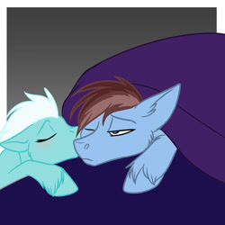 Size: 1280x1280 | Tagged: safe, artist:foxenawolf, fleetfoot, oc, oc:calm wind, fanfic:piercing the heavens, bed, blushing, canon x oc, commission, cute, fanfic art, fleetwind, kissing, nuzzling, shipping, sleepy, unshorn fetlocks, wonderbolts