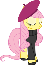 Size: 1986x2914 | Tagged: dead source, safe, artist:lockiesajt, fluttershy, pegasus, pony, beatnik, beret, clothes, eyes closed, simple background, solo, sweater, sweatershy, transparent background