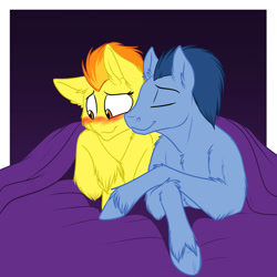 Size: 1280x1280 | Tagged: safe, artist:foxenawolf, spitfire, wave chill, fanfic:piercing the heavens, bed, blushing, commission, fanfic art, female, fluffy, male, shipping, straight, unshorn fetlocks, wavefire, wonderbolts