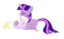 Size: 832x520 | Tagged: safe, artist:eeveepikachuchan, derpibooru import, dinky hooves, twilight sparkle, cuddling, painting