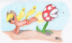 Size: 1157x690 | Tagged: safe, artist:kuroitsubasatenshi, applejack, earth pony, pony, bucking, crossover, nintendo, piranha plant, super mario bros., traditional art