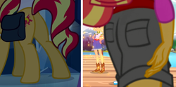 Size: 1164x576 | Tagged: safe, edit, edited screencap, screencap, applejack, sunset shimmer, equestria girls, equestria girls (movie), legend of everfree, ass, bag, boots, bunset shimmer, camp everfree outfits, clothes, cowboy boots, embrace the magic, lake, mountain, plot, shorts, sparkles, tree