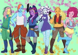 Size: 1543x1091 | Tagged: safe, artist:kutekiki, derpibooru import, applejack, fluttershy, pinkie pie, rainbow dash, rarity, twilight sparkle, abstract background, blaster, boots, chiss, clothes, crossover, gun, hood, jedi, mane six, mirialan, shoes, species swap, star wars, togruta, twi'lek, weapon, zabrak, zeltron