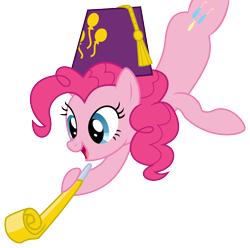 Size: 3900x3869 | Tagged: safe, artist:synch-anon, artist:twiforce, pinkie pie, earth pony, pony, daring don't, season 4, fez, hat, high res, party horn, simple background, solo, transparent background, vector