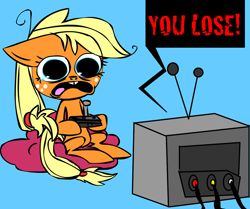 Size: 1280x1071 | Tagged: safe, artist:mushroomcookiebear, applejack, earth pony, pony, hatless, missing accessory, sad, sitting, solo, television, video game