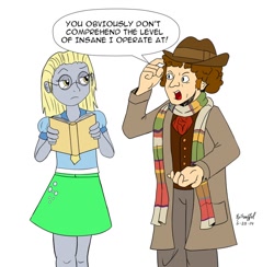 Size: 800x782 | Tagged: safe, artist:cartoon-eric, derpy hooves, human, book, bright eyes (mirror universe), clothes, cravat, doctor who, fedora, fourth doctor, frock coat, glasses, humanized, mirror universe, open coat, scarf, skirt, tom baker, trousers, tweed frockcoat, tweed trousers, waistcoat