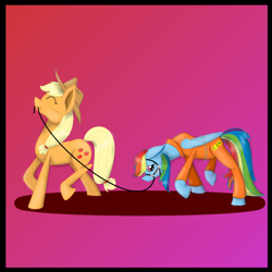 Size: 800x800 | Tagged: safe, artist:auroraswirls, derpibooru import, applejack, rainbow dash, earth pony, pegasus, pony, appledash, bound wings, bridle, chains, clothes, duo, eyes closed, female, gradient background, hat, leash, lesbian, mare, prison outfit, prisoner, prisoner rd, shipping, walking