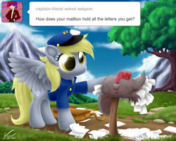Size: 1000x800 | Tagged: safe, artist:symbianl, derpy hooves, pegasus, pony, ask, ask pun, clothes, cute, derp, female, frown, hat, letter, mail, mailbag, mailbox, mailmare, mare, scrunchy face, solo, spread wings, tree, tumblr