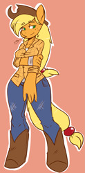 Size: 941x1920 | Tagged: safe, artist:slipe, applejack, anthro, unguligrade anthro, boots, clothes, hat, hoof boots, jeans, pants, shirt, solo