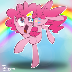 Size: 1000x1000 | Tagged: dead source, safe, artist:tarragon2000, pinkie pie, earth pony, pony, butt fluff, cheek fluff, cute, diapinkes, ear fluff, female, leg fluff, mare, open mouth, rainbow, solo