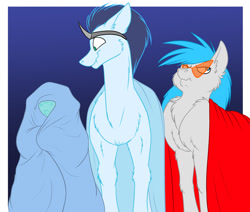 Size: 1279x1083 | Tagged: safe, artist:foxenawolf, fleetfoot, soarin', oc, oc:air mach, pegasus, pony, fanfic:piercing the heavens, blanket, commission, fake horn, fanfic art, glasses, stifling laughter, wonderbolts