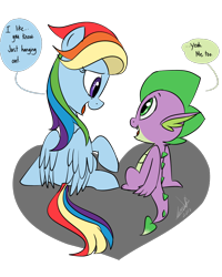 Size: 800x1000 | Tagged: safe, artist:emositecc, derpibooru import, rainbow dash, spike, dragon, pegasus, pony, comic:sparkle, alternate eye color, alternate hairstyle, alternate universe, dialogue, female, heart, looking at each other, male, mare, multicolored hair, rainbowspike, shipping, simple background, sitting, smiling, speech bubble, straight, transparent background
