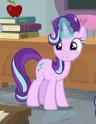 Size: 283x365 | Tagged: safe, screencap, starlight glimmer, pony, unicorn, season 8, spoiler:s08, apple, book, cheerful, classroom, cropped, cute, food, friendship always wins, glimmerbetes, magic, magic aura, solo