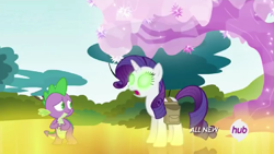Size: 1021x574 | Tagged: safe, screencap, rarity, spike, dragon, pony, unicorn, inspiration manifestation, corrupted, crystal tree, duo, female, glowing eyes, golden road, green eyes, hub logo, inspirarity, male, mare, possessed