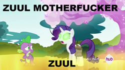 Size: 1021x574 | Tagged: safe, edit, edited screencap, screencap, rarity, spike, dragon, pony, unicorn, inspiration manifestation, caption, corrupted, crystal tree, duo, female, ghostbusters, glowing eyes, golden road, green eyes, hub logo, image macro, inspirarity, male, mare, meme, possessed, saddle bag, vulgar, zuul