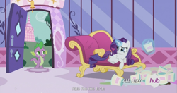 Size: 1439x762 | Tagged: safe, screencap, rarity, spike, dragon, pony, unicorn, inspiration manifestation, all new, bae, comfort eating, hub logo, meme, text, youtube caption