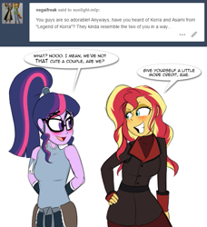 Size: 639x700 | Tagged: safe, artist:jase1505, sci-twi, sunset shimmer, twilight sparkle, series:sunlight horizons, equestria girls, asami sato, bae, bedroom eyes, blushing, clothes, costume, crossover, cute, dialogue, female, glasses, grin, hand on hip, korra, korrasami, lesbian, scitwishimmer, shipping, simple background, smiling, sunsetsparkle, the legend of korra, tumblr, twiabetes, white background