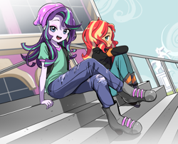 Size: 1359x1100 | Tagged: safe, artist:quizia, starlight glimmer, sunset shimmer, equestria girls, mirror magic, spoiler:eqg specials, beanie, boots, canterlot high, clothes, cute, duo, eyeshadow, female, glimmerbetes, hat, jacket, jeans, looking at you, makeup, pants, shimmerbetes, shoes, sky, stairs