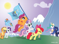 Size: 1024x768 | Tagged: safe, artist:tim-kangaroo, derpibooru import, apple bloom, applejack, princess celestia, princess luna, rainbow dash, rarity, scootaloo, sweetie belle, alicorn, earth pony, pegasus, pony, unicorn, cutie mark crusaders, equestrian flag, iwo jima, mountain, raising the flag at iwo jima, world war ii