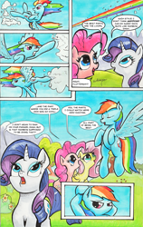 Size: 1425x2250 | Tagged: safe, artist:kittyhawk-contrail, derpibooru import, fluttershy, pinkie pie, rainbow dash, rarity, earth pony, pegasus, pony, unicorn, comic, traditional art