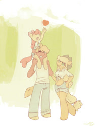 Size: 1050x1400 | Tagged: safe, artist:dahliabee, apple bloom, applejack, big macintosh, anthro, apple, belly button, carrying, clothes, front knot midriff, midriff, pants, pile, riding, shorts, tree