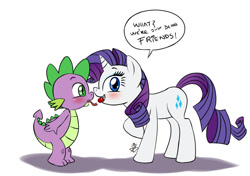 Size: 1200x843 | Tagged: safe, artist:pia-sama, rarity, spike, dragon, pony, unicorn, best friends, blatant lies, blushing, cherry, cute, dialogue, feeding, female, friendship, friendzone, hilarious in hindsight, imminent kissing, just friends, looking at you, male, mouth hold, open mouth, raised hoof, shipping, smiling, sparity, straight, teasing, tongue out