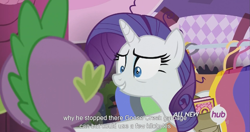 Size: 1439x762 | Tagged: safe, screencap, rarity, spike, dragon, pony, unicorn, inspiration manifestation, hub logo, meme, youtube caption